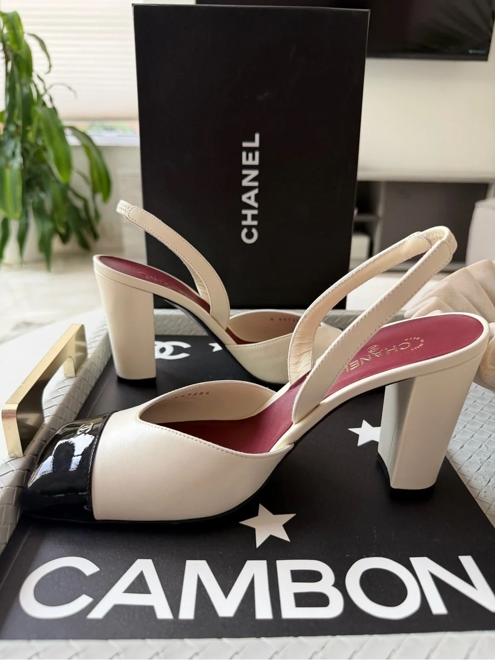 Chanel 26S Blazy Ivory Ecru Black Square Cap Toe Sling CC Slingback Heel Pump 40